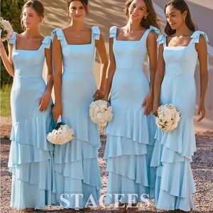 Stacees Light Blue Square-Neck Tiered Ruffle Maxi Dress with Bow Straps